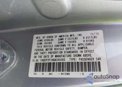 2011 Honda Accord 2.4 Lx from USA, damaged, VIN 1HGCP2F34BA044085